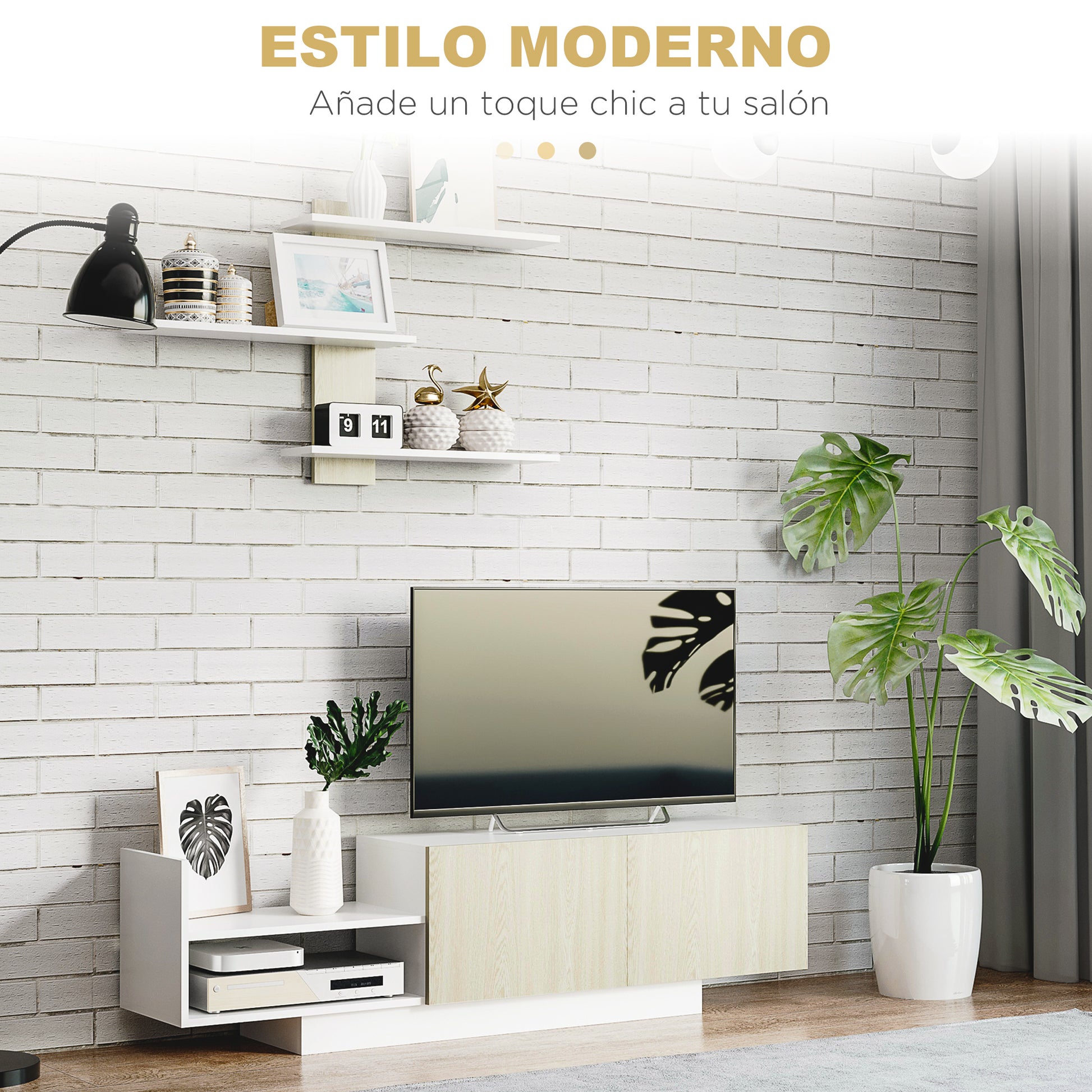 Living Room TV Stand TV Unit with TV Table 59.06x12.4x15.75 inches and Wall Shelf 37.6x6.3x23.6 inches Modern Natural Style