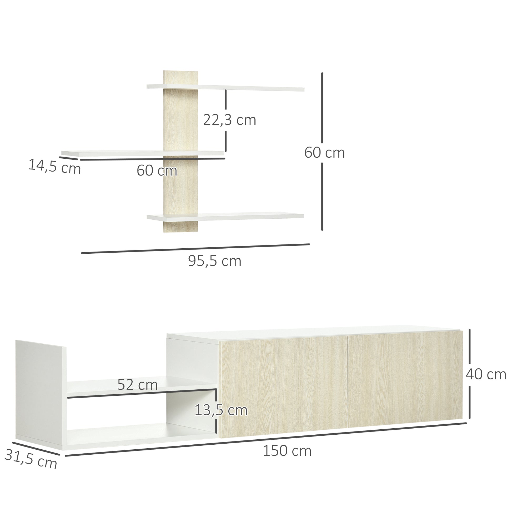 Living Room TV Stand TV Unit with TV Table 59.06x12.4x15.75 inches and Wall Shelf 37.6x6.3x23.6 inches Modern Natural Style