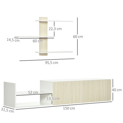 Living Room TV Stand TV Unit with TV Table 59.06x12.4x15.75 inches and Wall Shelf 37.6x6.3x23.6 inches Modern Natural Style