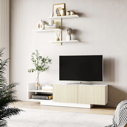 Living Room TV Stand TV Unit with TV Table 59.06x12.4x15.75 inches and Wall Shelf 37.6x6.3x23.6 inches Modern Natural Style