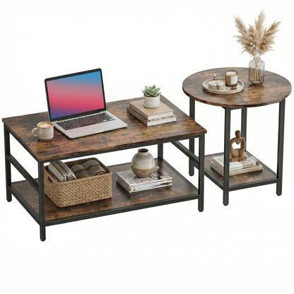 2-Piece Coffee & Side Table Set with Shelves, Modern Rustic Brown Living Room Tables with Black Steel Frame