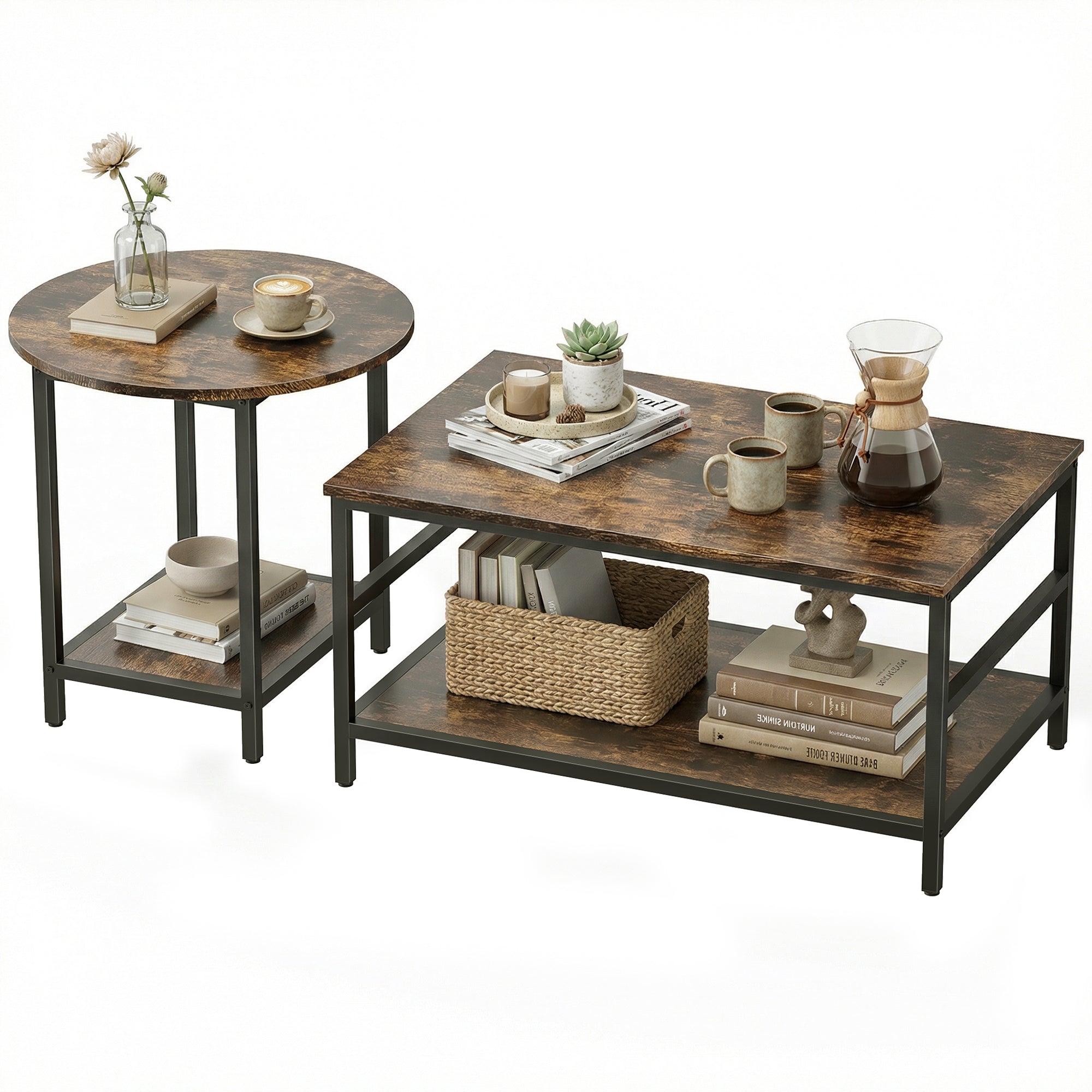 2-Piece Coffee & Side Table Set with Shelves, Modern Rustic Brown Living Room Tables with Black Steel Frame