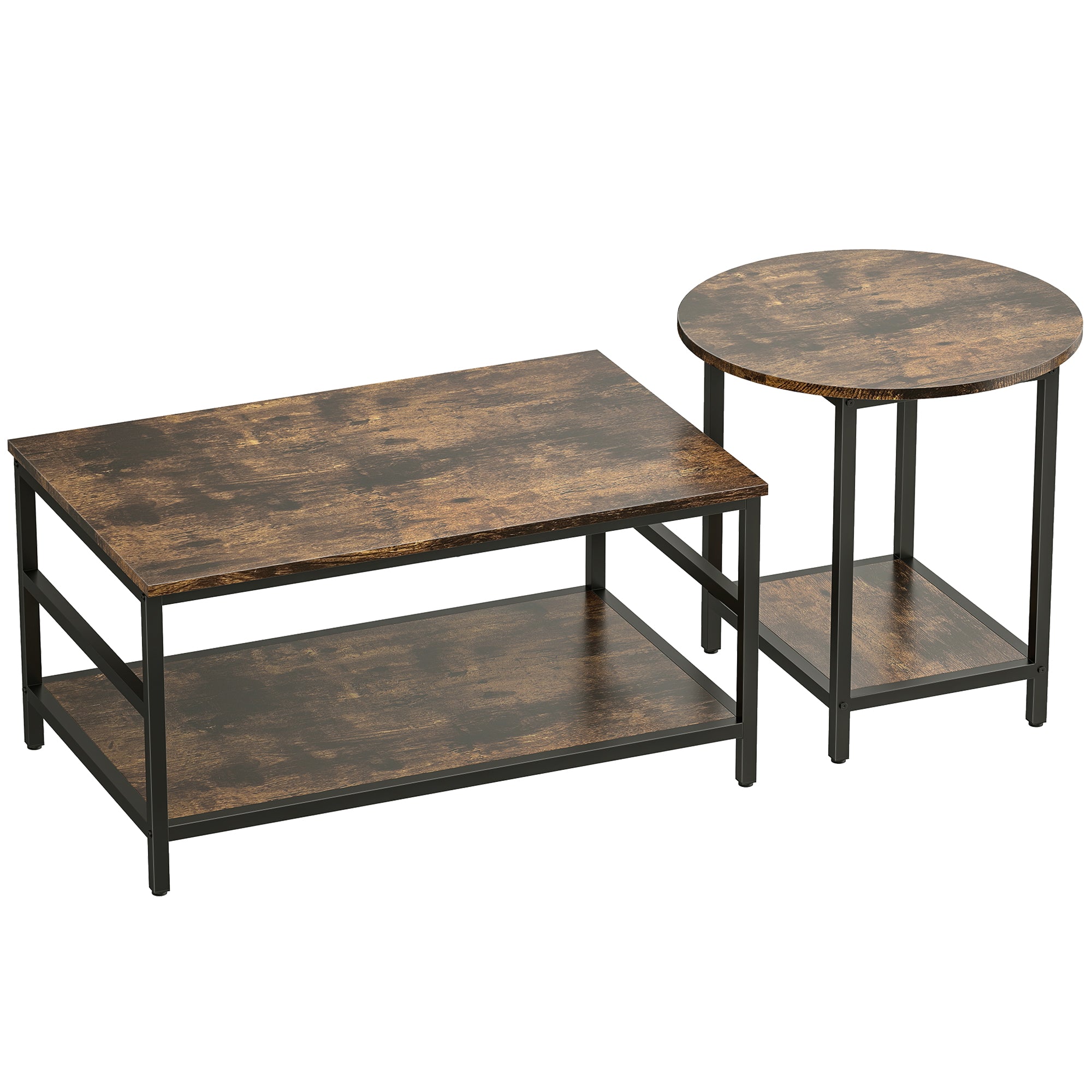 2-Piece Coffee & Side Table Set with Shelves, Modern Rustic Brown Living Room Tables with Black Steel Frame