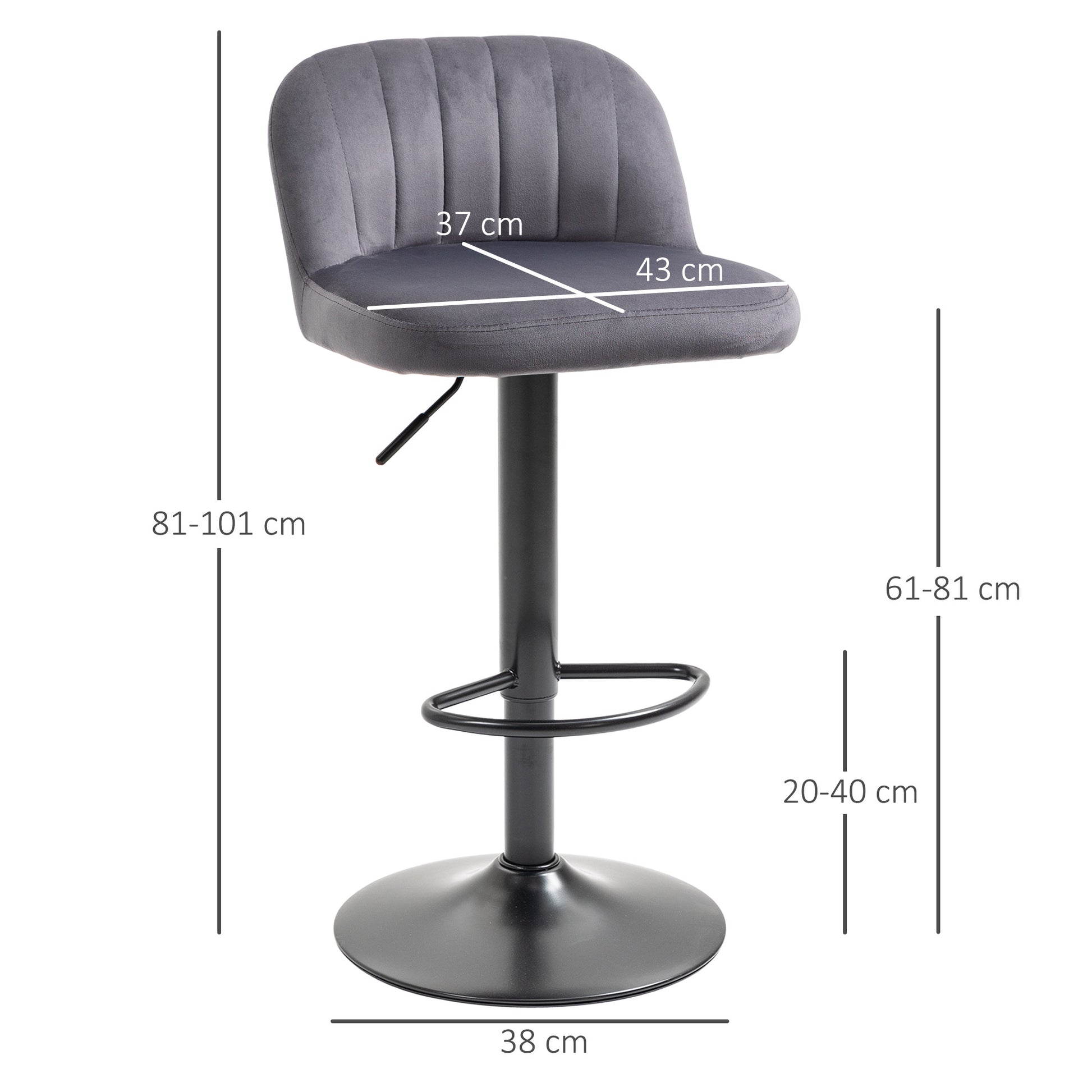 Set of 2 Velvet Bar Stools with Backrest and Footrest, Swivel Kitchen Stools with Adjustable Height, 43x45x81-101cm, Gray