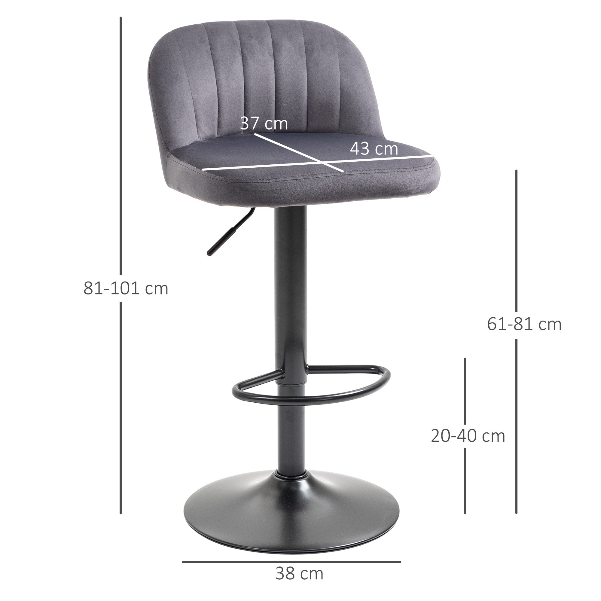 Set of 2 Velvet Bar Stools with Backrest and Footrest, Swivel Kitchen Stools with Adjustable Height, 43x45x81-101cm, Gray