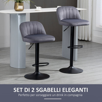 Set of 2 Velvet Bar Stools with Backrest and Footrest, Swivel Kitchen Stools with Adjustable Height, 43x45x81-101cm, Gray