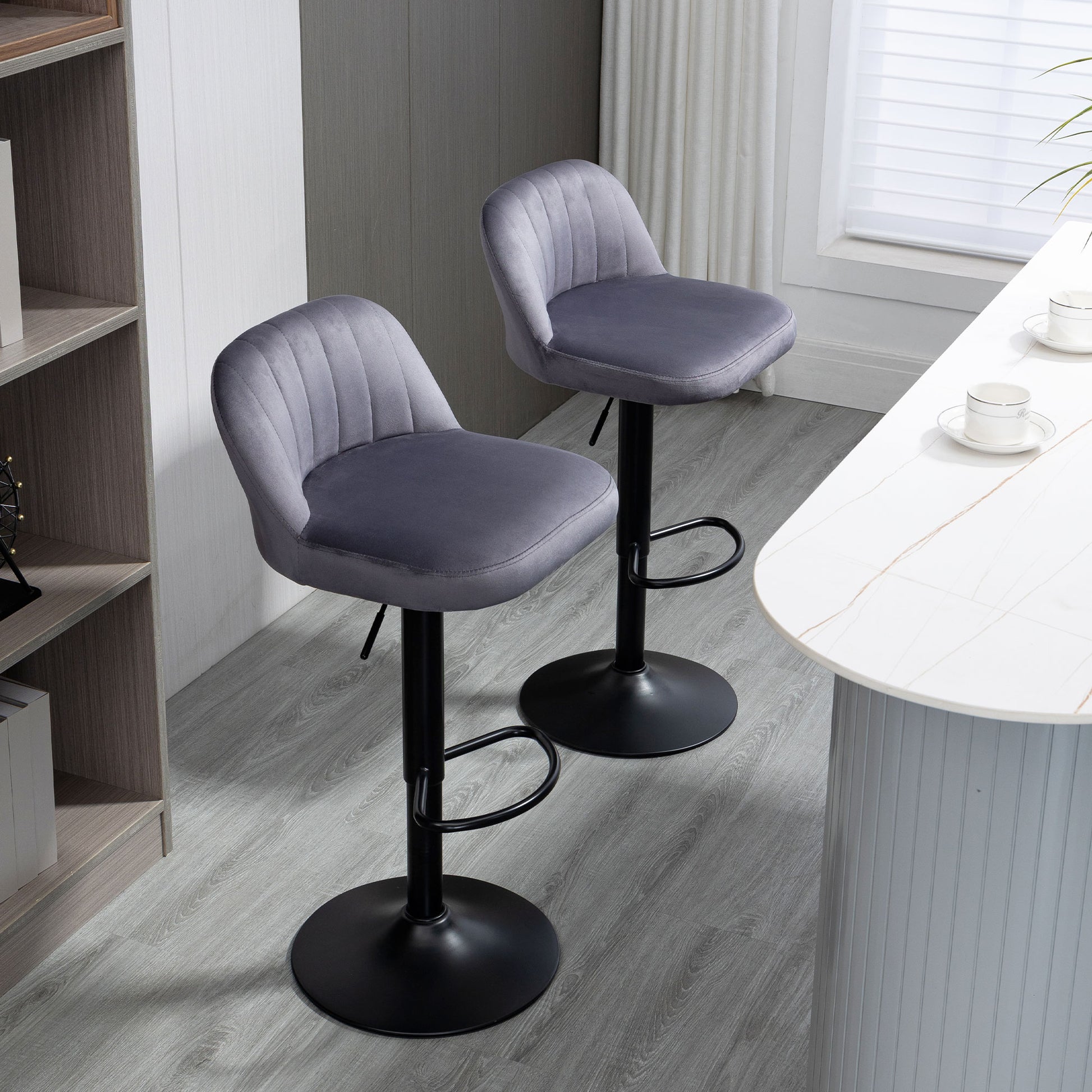 Set of 2 Velvet Bar Stools with Backrest and Footrest, Swivel Kitchen Stools with Adjustable Height, 43x45x81-101cm, Gray