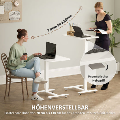Height Adjustable C-Shaped Desk Space-Saving Laptop Table Standing Desk Side Table with Wheels for Home Office Living Room White Load Capacity 70 kg 65 x 48 x 70-110 cm