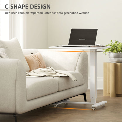 Height Adjustable C-Shaped Desk Space-Saving Laptop Table Standing Desk Side Table with Wheels for Home Office Living Room White Load Capacity 70 kg 65 x 48 x 70-110 cm