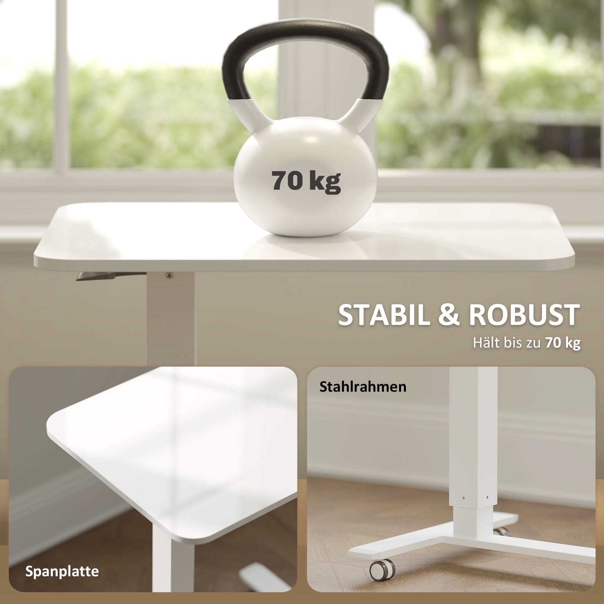 Height Adjustable C-Shaped Desk Space-Saving Laptop Table Standing Desk Side Table with Wheels for Home Office Living Room White Load Capacity 70 kg 65 x 48 x 70-110 cm