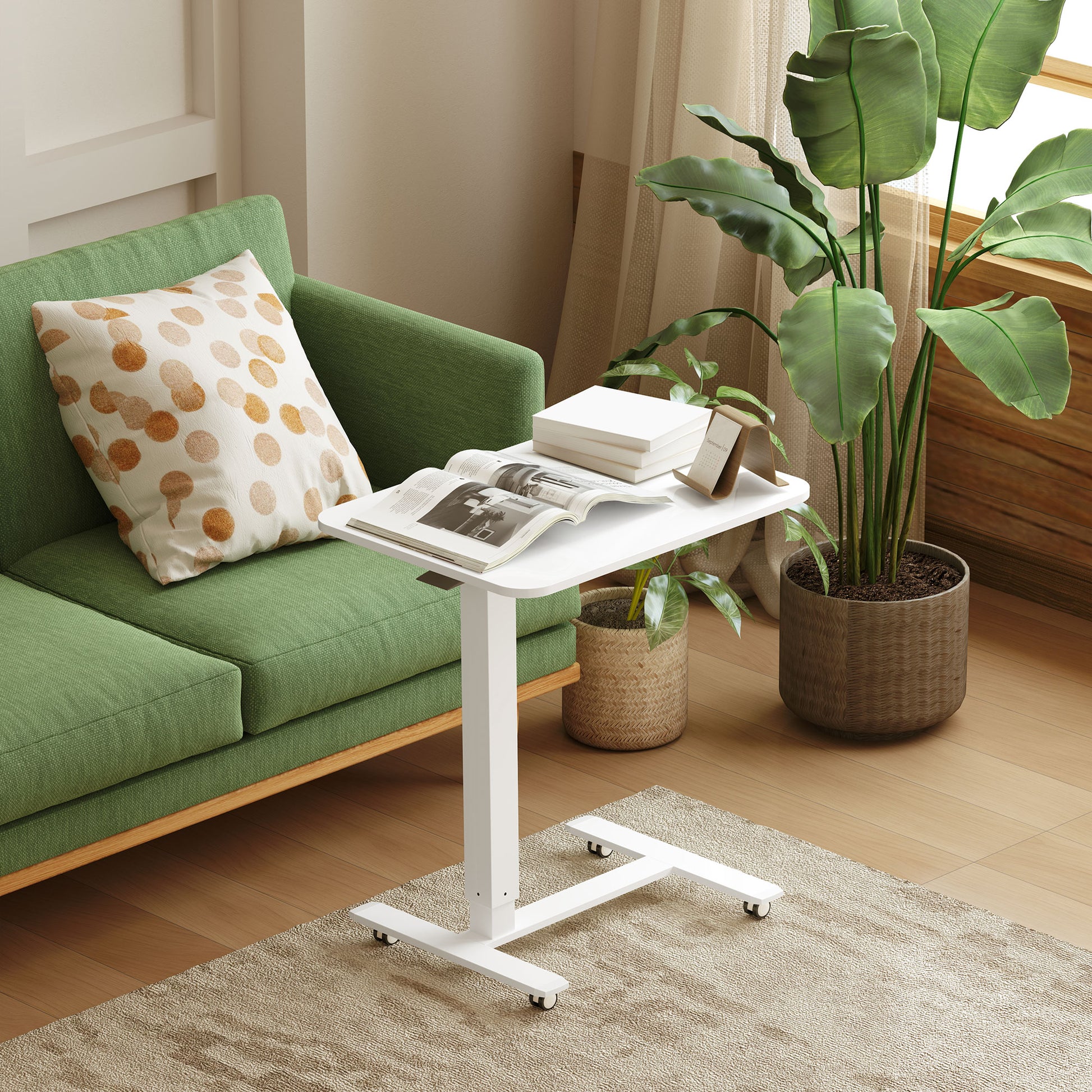 Height Adjustable C-Shaped Desk Space-Saving Laptop Table Standing Desk Side Table with Wheels for Home Office Living Room White Load Capacity 70 kg 65 x 48 x 70-110 cm