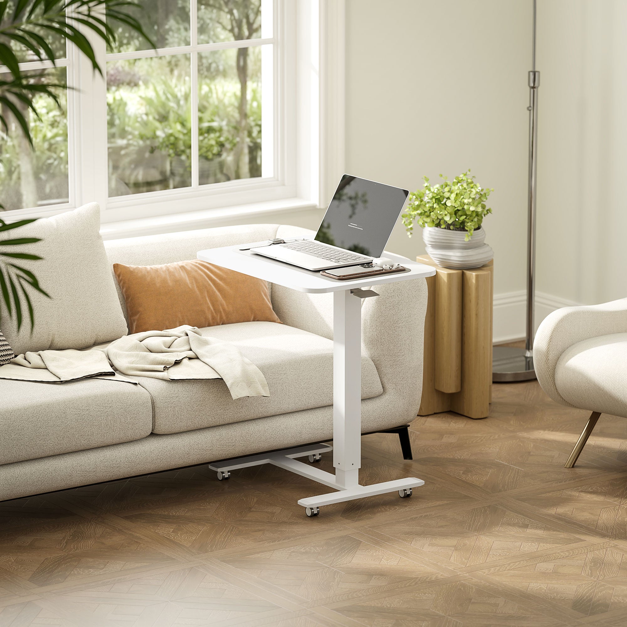 Height Adjustable C-Shaped Desk Space-Saving Laptop Table Standing Desk Side Table with Wheels for Home Office Living Room White Load Capacity 70 kg 65 x 48 x 70-110 cm