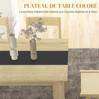 Dining Table Kitchen Table for 6 People, Scandinavian Style in Natural Wood and Black, 140L x 90W x 75H cm