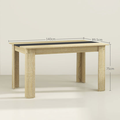Dining Table Kitchen Table for 6 People, Scandinavian Style in Natural Wood and Black, 140L x 90W x 75H cm