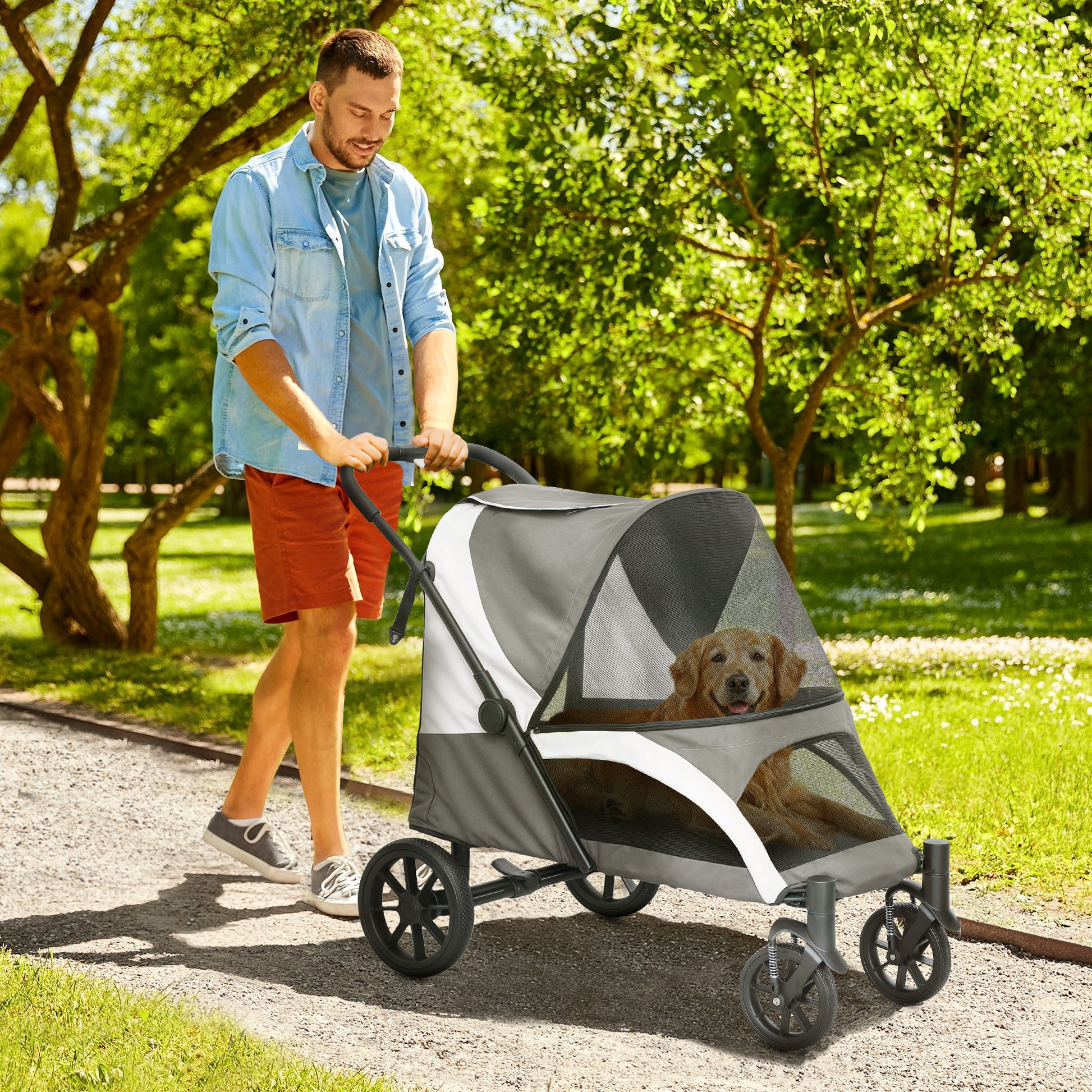 Dog Buggy Foldable Pet Stroller for Large Dogs & Cats up to 30kg Cat Stroller with Cushion Mesh Windows Doors Storage Bag Pet Cart with Safety Leashes, Brakes, Buggy Dark Grey