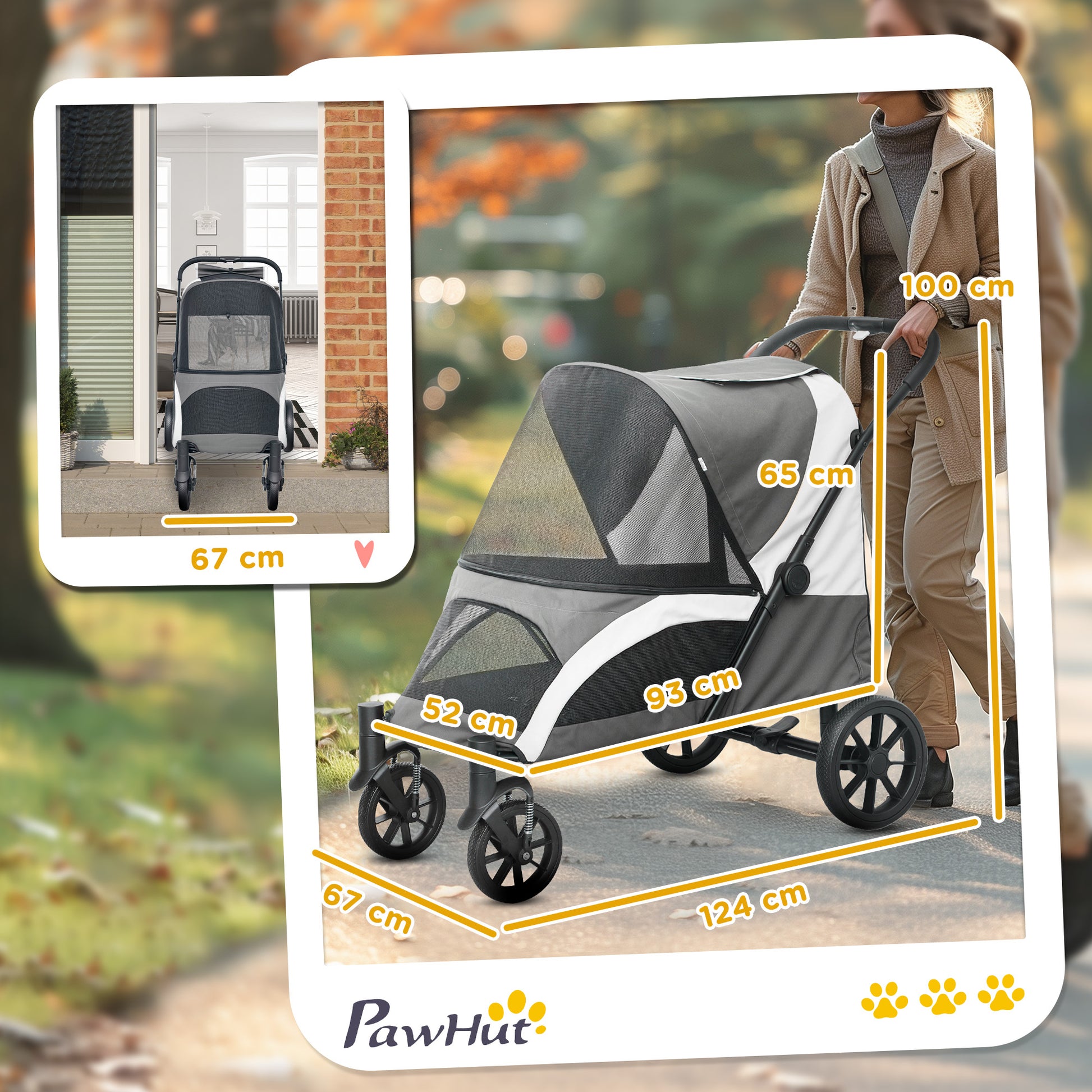 Dog Buggy Foldable Pet Stroller for Large Dogs & Cats up to 30kg Cat Stroller with Cushion Mesh Windows Doors Storage Bag Pet Cart with Safety Leashes, Brakes, Buggy Dark Grey