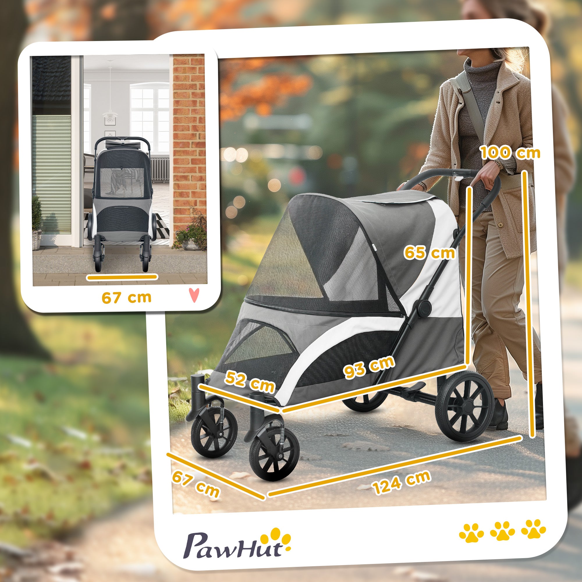 Dog Buggy Foldable Pet Stroller for Large Dogs & Cats up to 30kg Cat Stroller with Cushion Mesh Windows Doors Storage Bag Pet Cart with Safety Leashes, Brakes, Buggy Dark Grey