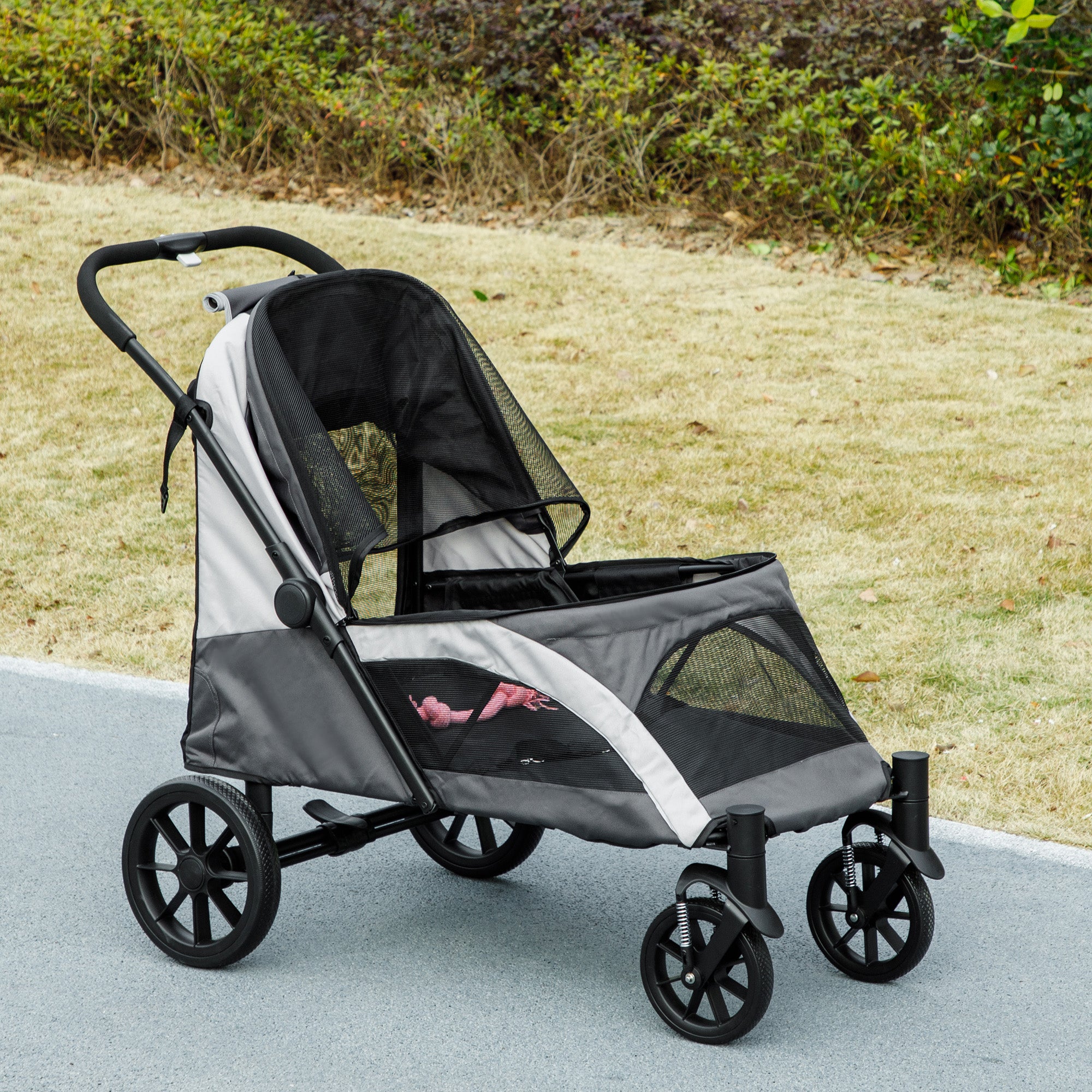 Dog Buggy Foldable Pet Stroller for Large Dogs & Cats up to 30kg Cat Stroller with Cushion Mesh Windows Doors Storage Bag Pet Cart with Safety Leashes, Brakes, Buggy Dark Grey