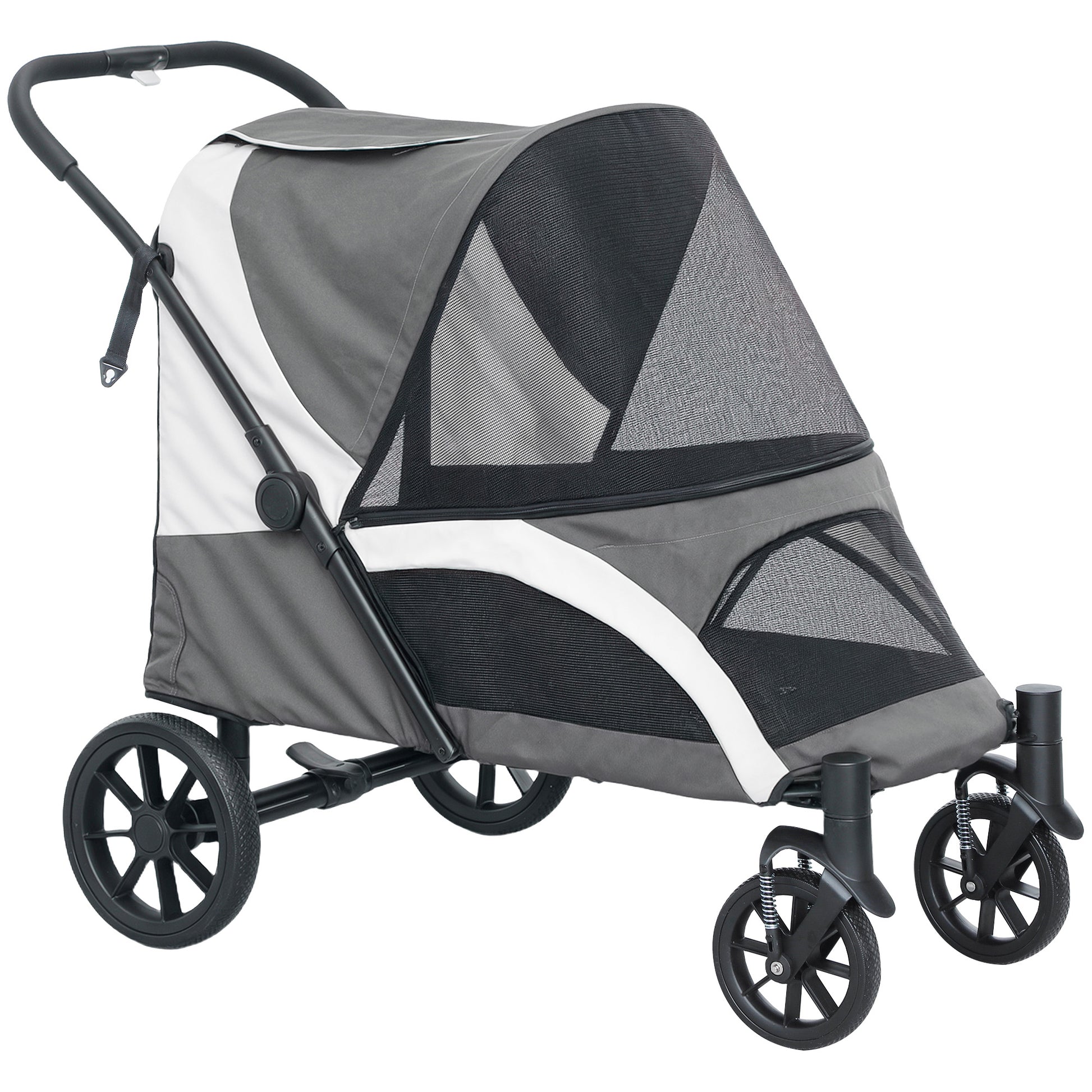 Dog Buggy Foldable Pet Stroller for Large Dogs & Cats up to 30kg Cat Stroller with Cushion Mesh Windows Doors Storage Bag Pet Cart with Safety Leashes, Brakes, Buggy Dark Grey