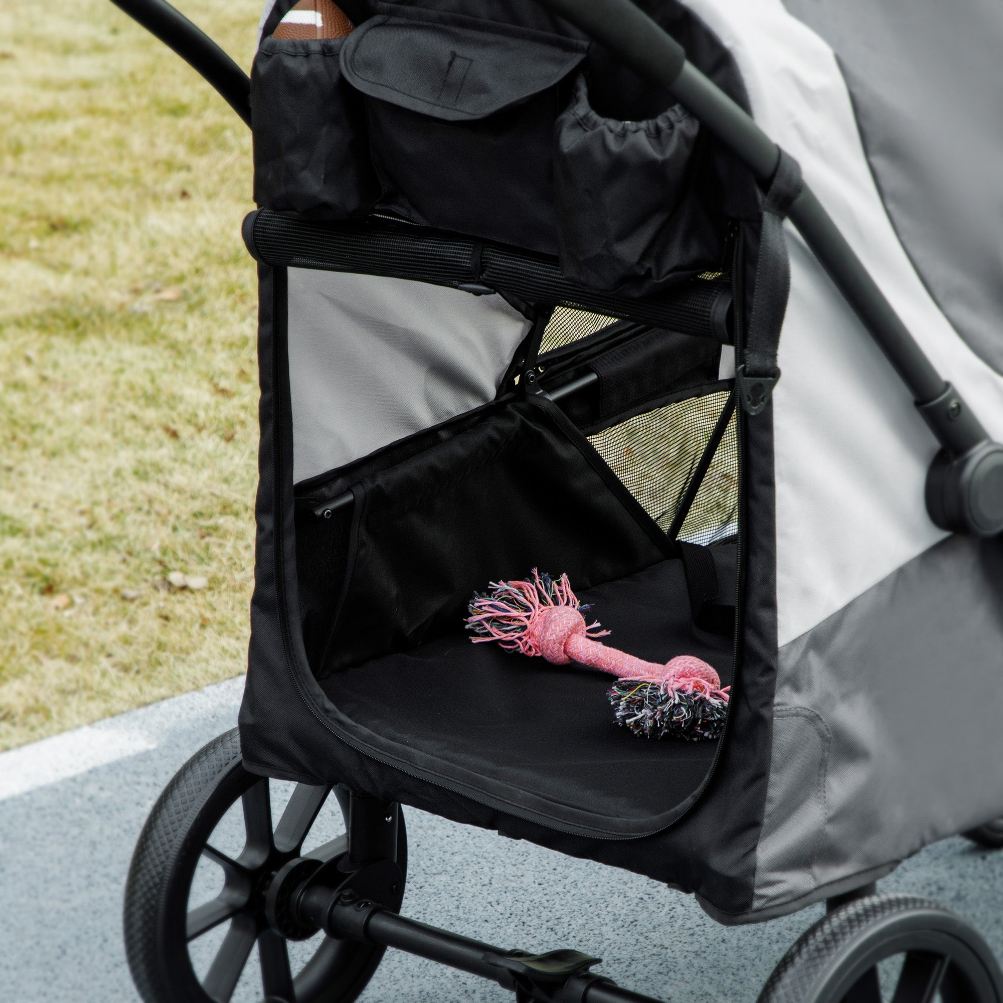 Dog Buggy Foldable Pet Stroller for Large Dogs & Cats up to 30kg Cat Stroller with Cushion Mesh Windows Doors Storage Bag Pet Cart with Safety Leashes, Brakes, Buggy Dark Grey