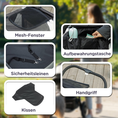 Dog Buggy Foldable Pet Stroller for Large Dogs & Cats up to 30kg Cat Stroller with Cushion Mesh Windows Doors Storage Bag Pet Cart with Safety Leashes, Brakes, Buggy Dark Grey