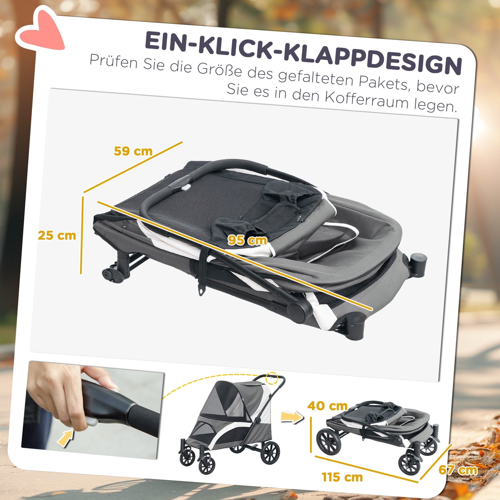 Dog Buggy Foldable Pet Stroller for Large Dogs & Cats up to 30kg Cat Stroller with Cushion Mesh Windows Doors Storage Bag Pet Cart with Safety Leashes, Brakes, Buggy Dark Grey