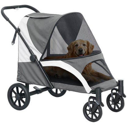 Dog Buggy Foldable Pet Stroller for Large Dogs & Cats up to 30kg Cat Stroller with Cushion Mesh Windows Doors Storage Bag Pet Cart with Safety Leashes, Brakes, Buggy Dark Grey