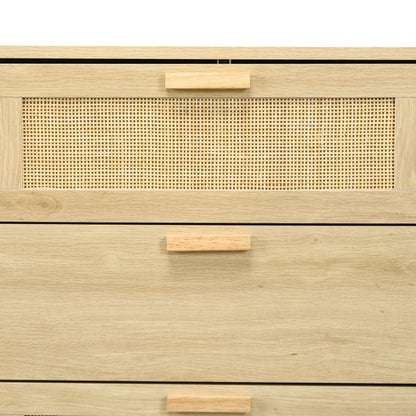 Nightstand with Rattan Grid Drawers Bohemian Style Bedroom Dresser Anti-Tip for Living Room 110x40x69 cm Natural