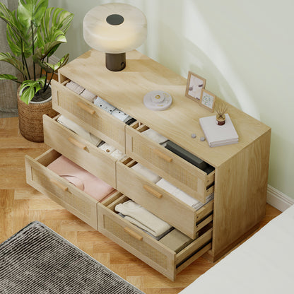 Nightstand with Rattan Grid Drawers Bohemian Style Bedroom Dresser Anti-Tip for Living Room 110x40x69 cm Natural