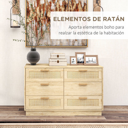 Nightstand with Rattan Grid Drawers Bohemian Style Bedroom Dresser Anti-Tip for Living Room 110x40x69 cm Natural
