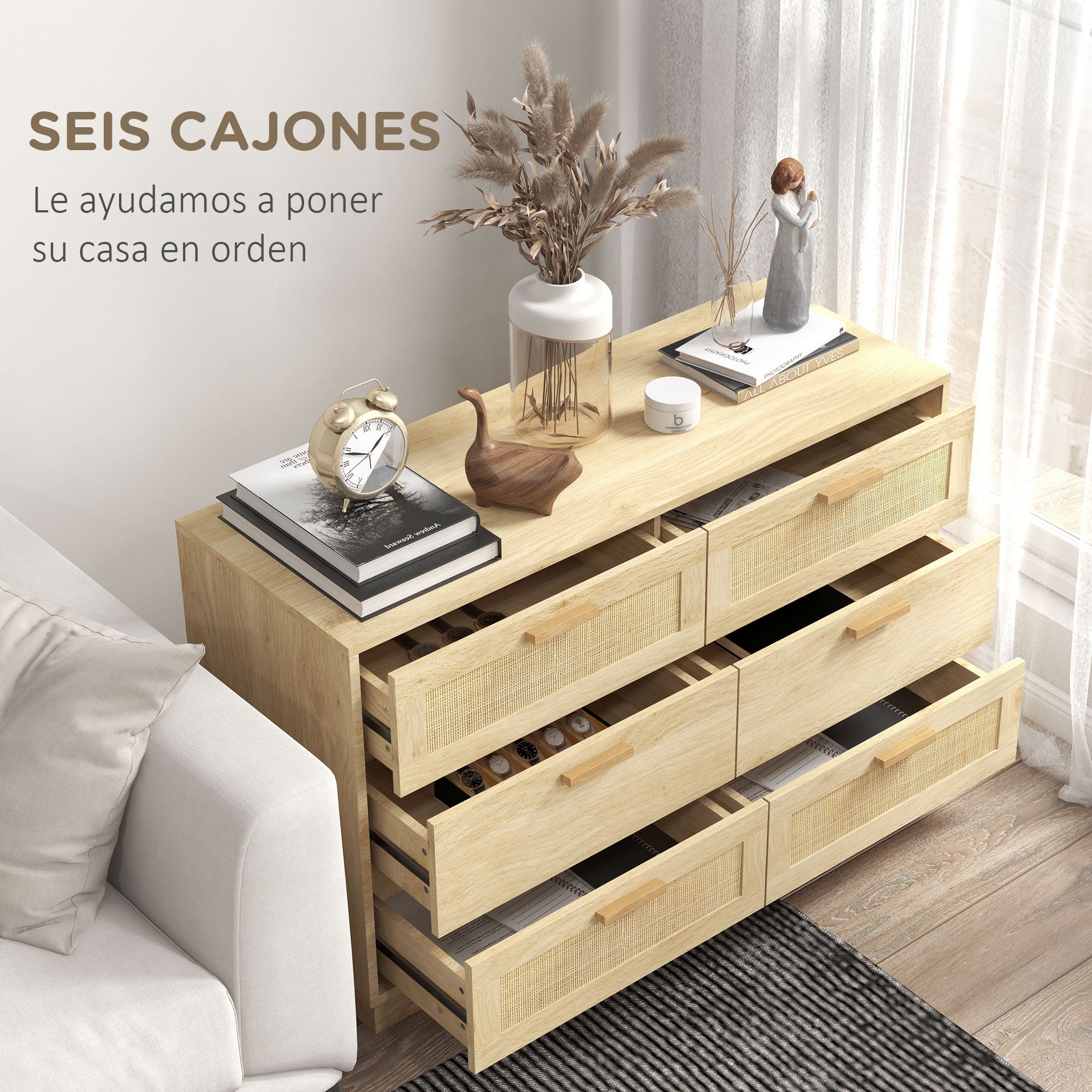 Nightstand with Rattan Grid Drawers Bohemian Style Bedroom Dresser Anti-Tip for Living Room 110x40x69 cm Natural