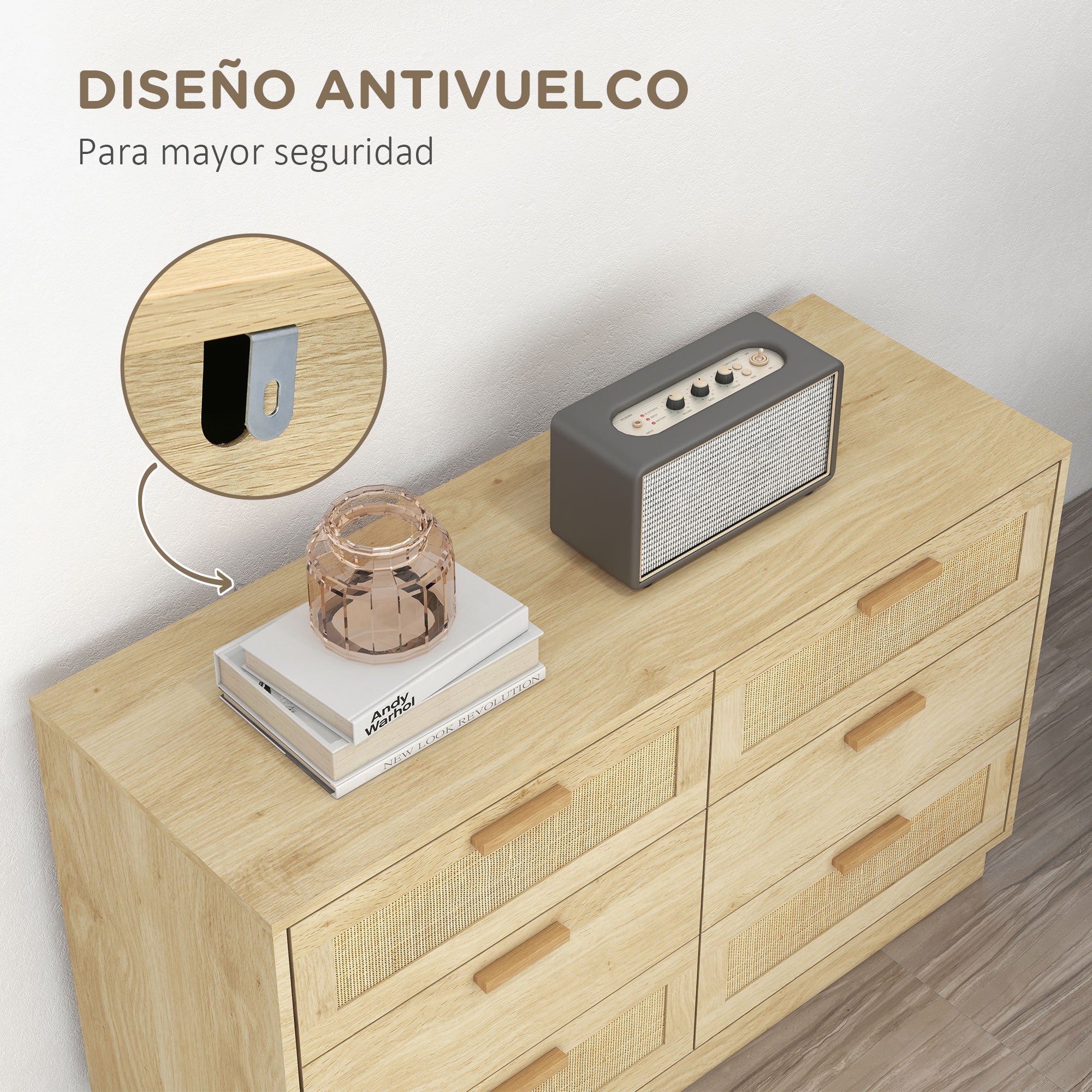 Nightstand with Rattan Grid Drawers Bohemian Style Bedroom Dresser Anti-Tip for Living Room 110x40x69 cm Natural
