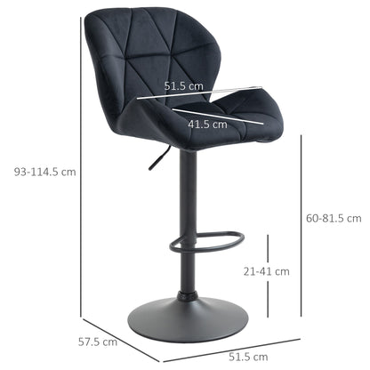 Set of 2 Bar Stools Swivel Bar Chairs with Backrest Height-Adjustable Bistro Stool Counter Stool Velvet Armless Foam Black 51.5x 57.5 x 93-114.5 cm