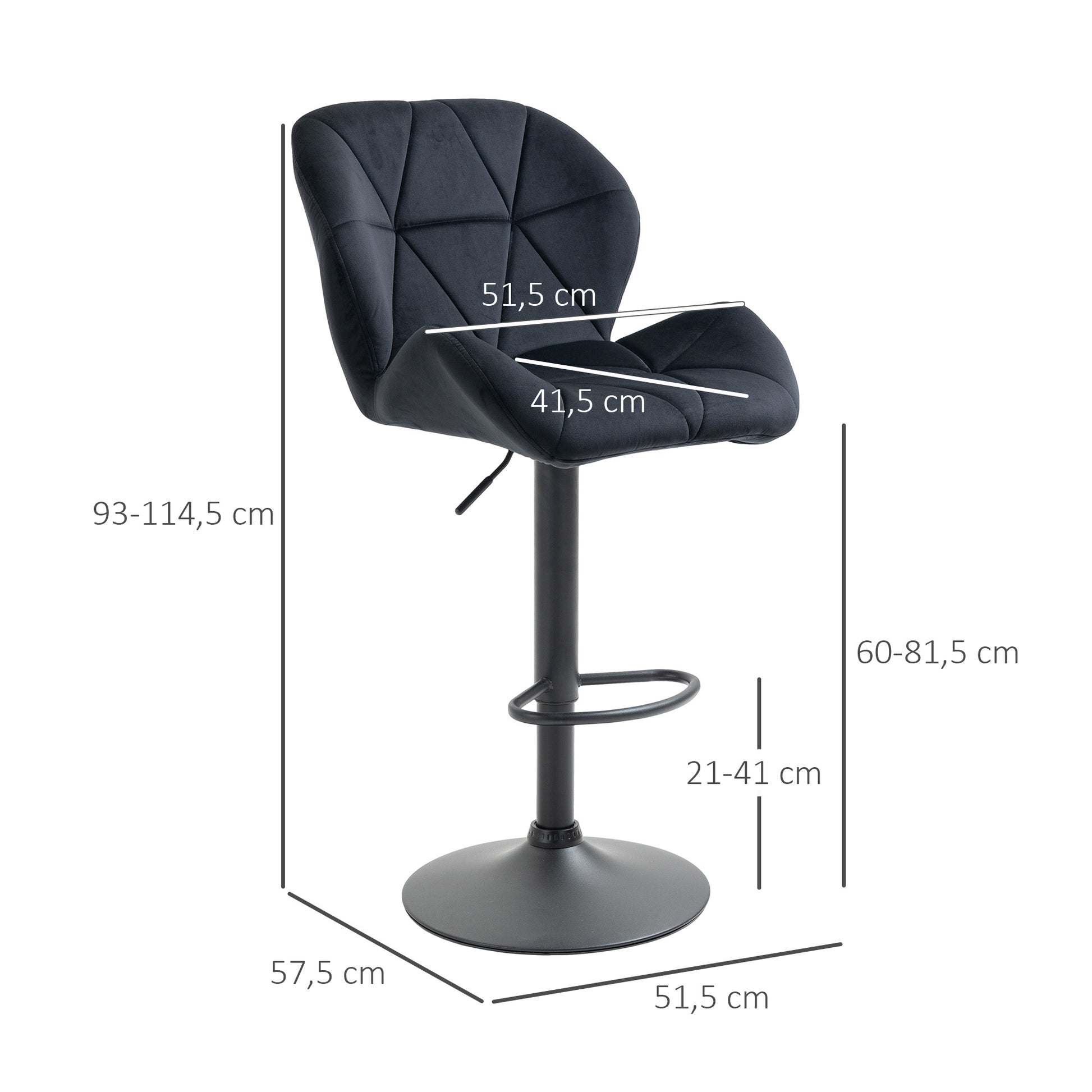 Set of 2 Bar Stools Swivel Bar Chairs with Backrest Height-Adjustable Bistro Stool Counter Stool Velvet Armless Foam Black 51.5x 57.5 x 93-114.5 cm