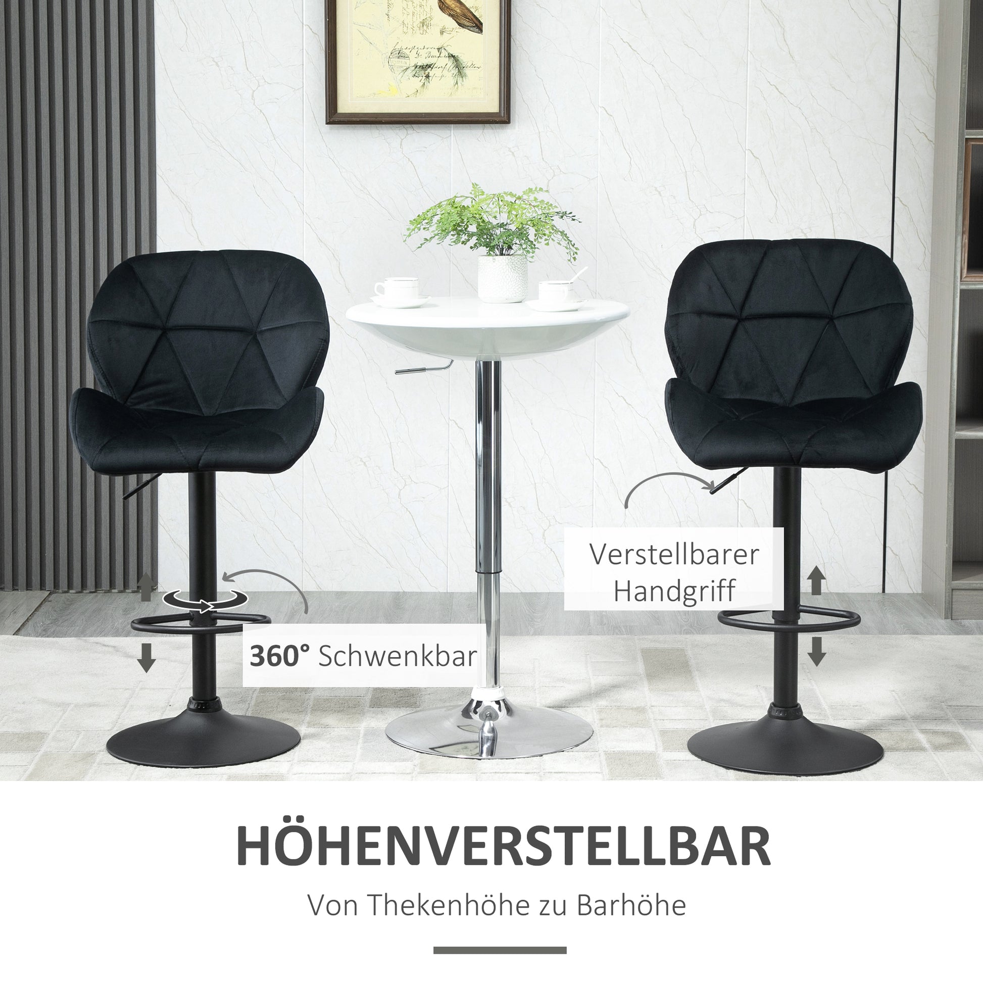 Set of 2 Bar Stools Swivel Bar Chairs with Backrest Height-Adjustable Bistro Stool Counter Stool Velvet Armless Foam Black 51.5x 57.5 x 93-114.5 cm