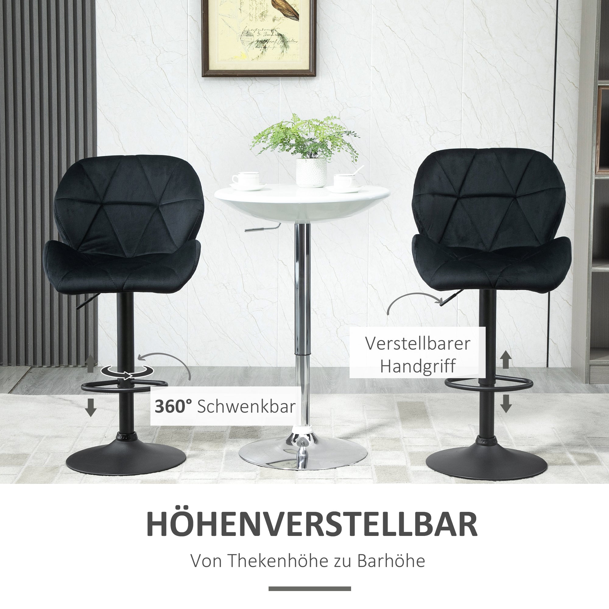 Set of 2 Bar Stools Swivel Bar Chairs with Backrest Height-Adjustable Bistro Stool Counter Stool Velvet Armless Foam Black 51.5x 57.5 x 93-114.5 cm