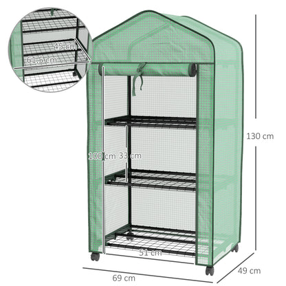 Garden Greenhouse PE with 3-tier shelves, balcony greenhouse, reinforced 140 g/m² cover, steel frame, roll-up zippered door, for vegetables plants flowers, 69x49x130cm, green