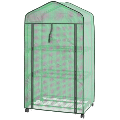 Garden Greenhouse PE with 3-tier shelves, balcony greenhouse, reinforced 140 g/m² cover, steel frame, roll-up zippered door, for vegetables plants flowers, 69x49x130cm, green