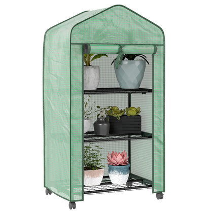 Garden Greenhouse PE with 3-tier shelves, balcony greenhouse, reinforced 140 g/m² cover, steel frame, roll-up zippered door, for vegetables plants flowers, 69x49x130cm, green