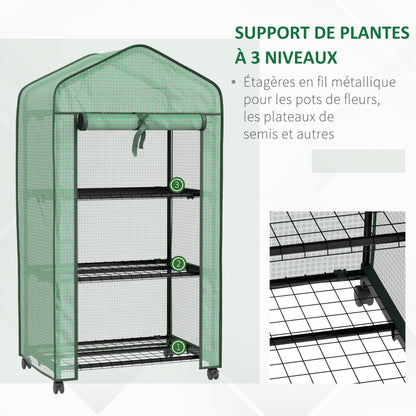 Garden Greenhouse PE with 3-tier shelves, balcony greenhouse, reinforced 140 g/m² cover, steel frame, roll-up zippered door, for vegetables plants flowers, 69x49x130cm, green