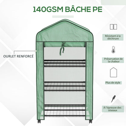 Garden Greenhouse PE with 3-tier shelves, balcony greenhouse, reinforced 140 g/m² cover, steel frame, roll-up zippered door, for vegetables plants flowers, 69x49x130cm, green