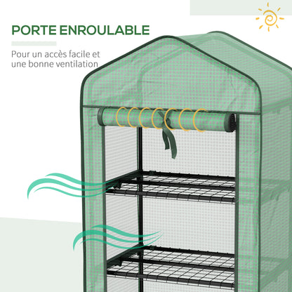 Garden Greenhouse PE with 3-tier shelves, balcony greenhouse, reinforced 140 g/m² cover, steel frame, roll-up zippered door, for vegetables plants flowers, 69x49x130cm, green
