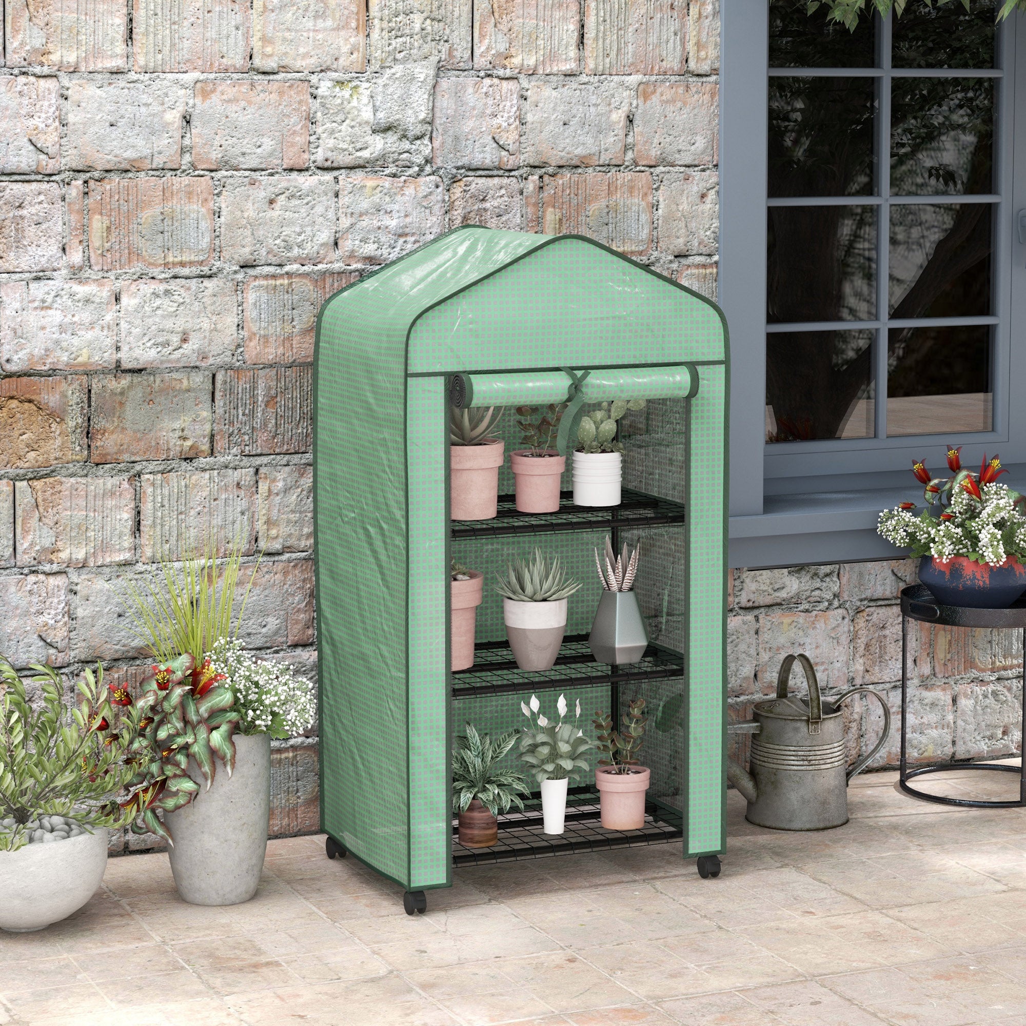 Garden Greenhouse PE with 3-tier shelves, balcony greenhouse, reinforced 140 g/m² cover, steel frame, roll-up zippered door, for vegetables plants flowers, 69x49x130cm, green