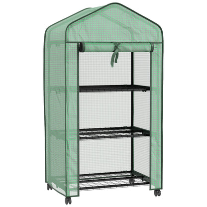 Garden Greenhouse PE with 3-tier shelves, balcony greenhouse, reinforced 140 g/m² cover, steel frame, roll-up zippered door, for vegetables plants flowers, 69x49x130cm, green