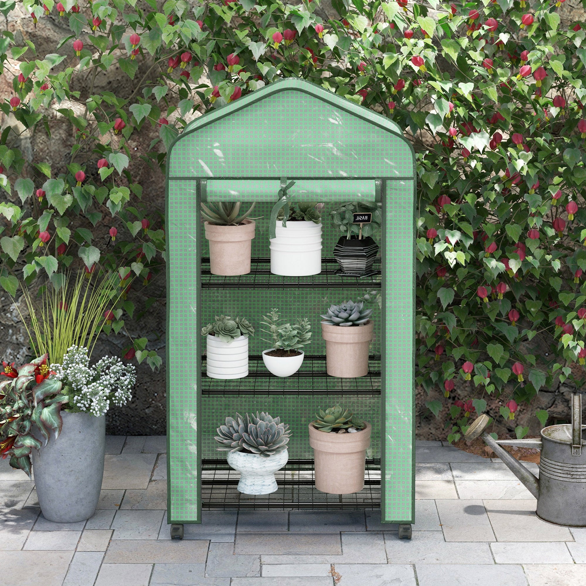 Garden Greenhouse PE with 3-tier shelves, balcony greenhouse, reinforced 140 g/m² cover, steel frame, roll-up zippered door, for vegetables plants flowers, 69x49x130cm, green