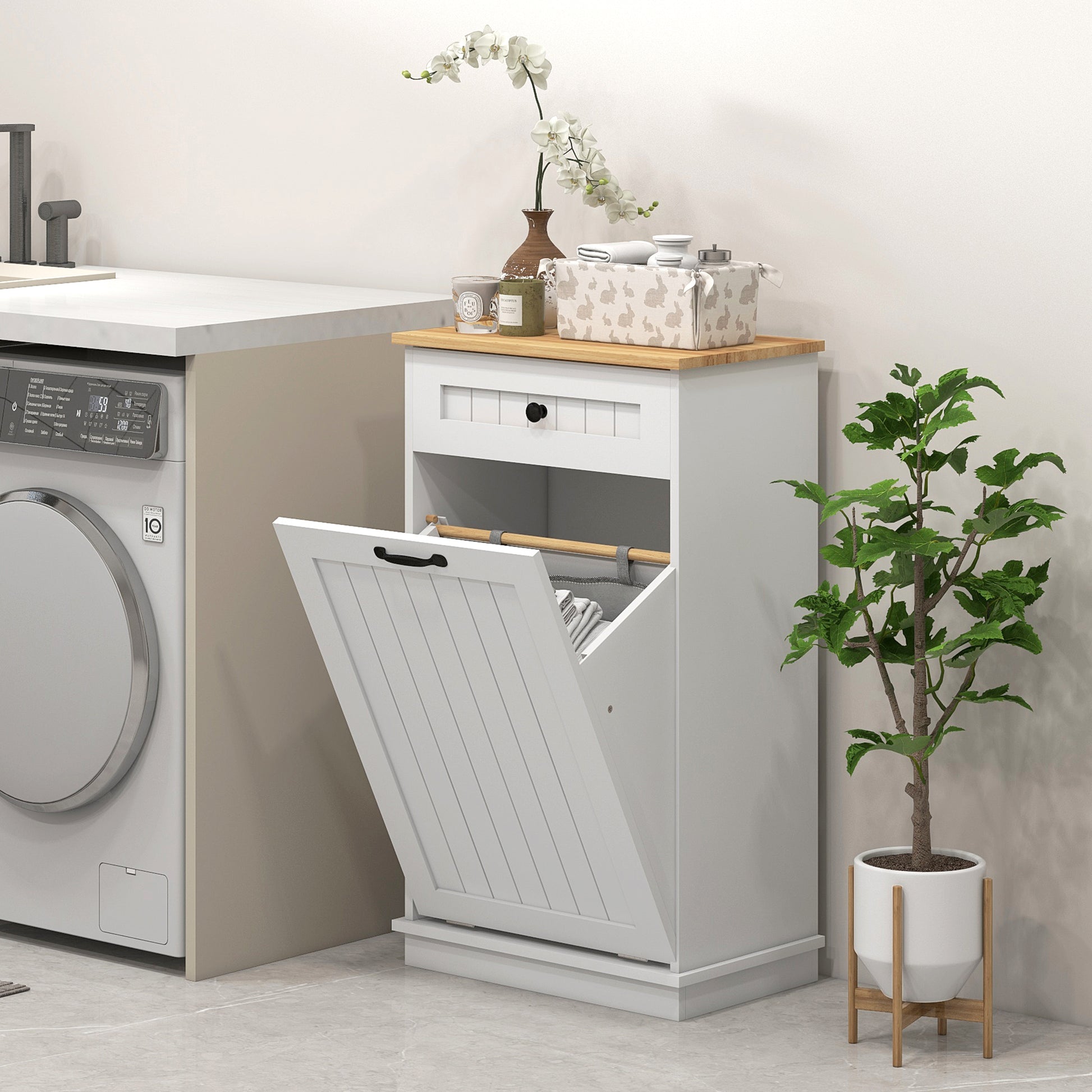 Bathroom Storage Cabinet Laundry Basket Bathroom Cabinet with Drawer and Anti-tip Design Modern Bathroom Furniture 52x33x90 cm White