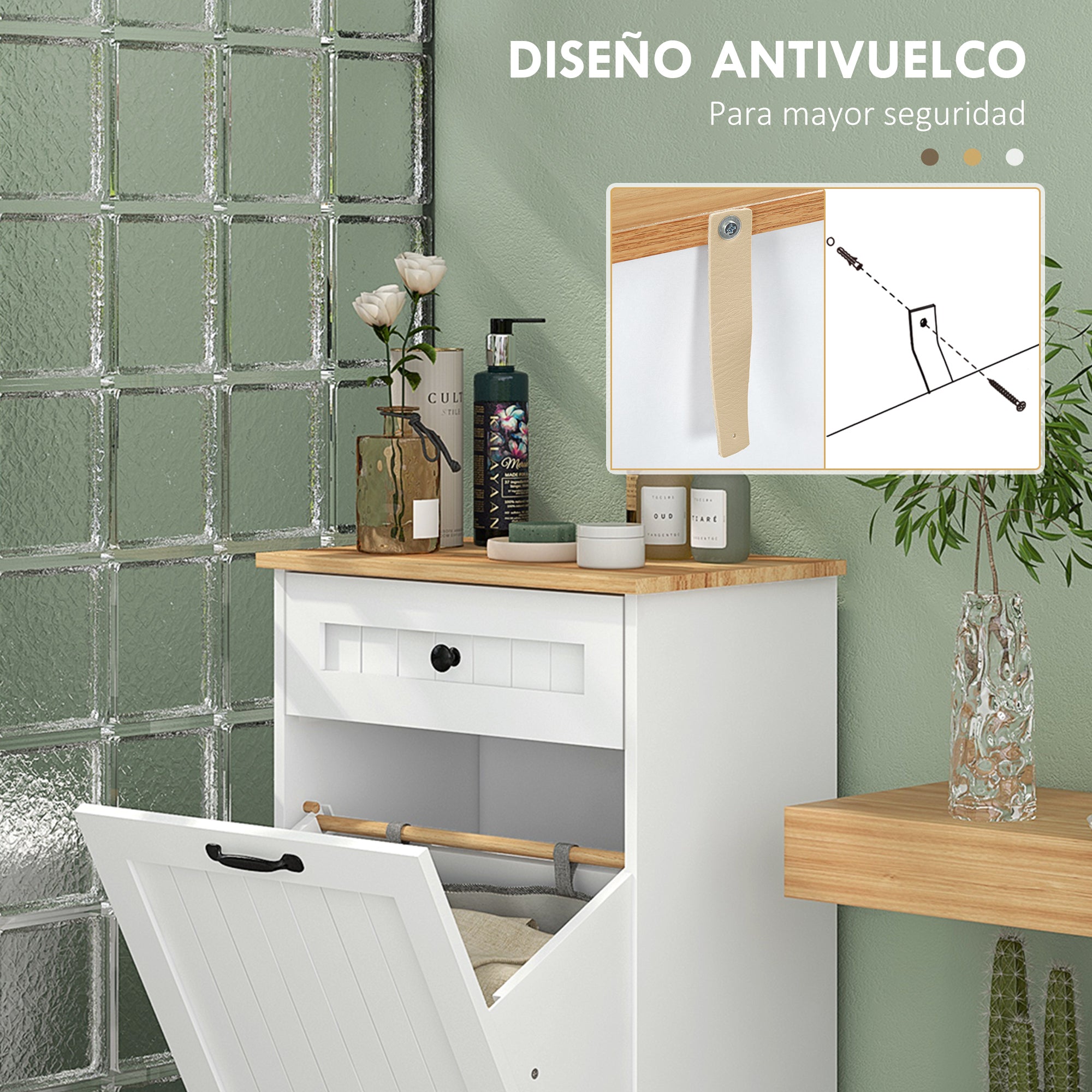 Bathroom Storage Cabinet Laundry Basket Bathroom Cabinet with Drawer and Anti-tip Design Modern Bathroom Furniture 52x33x90 cm White
