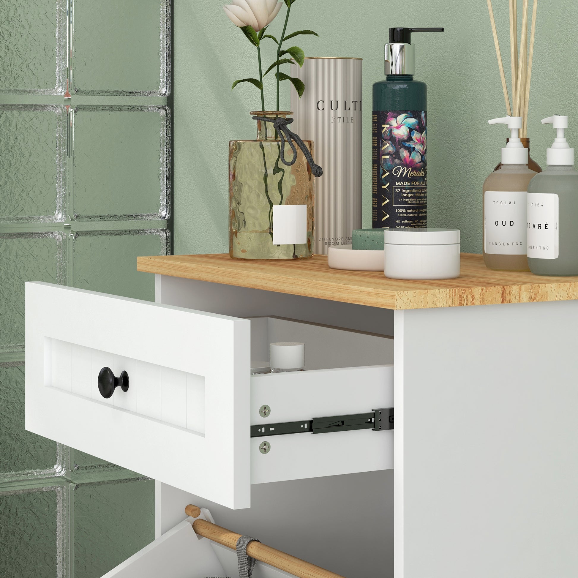 Bathroom Storage Cabinet Laundry Basket Bathroom Cabinet with Drawer and Anti-tip Design Modern Bathroom Furniture 52x33x90 cm White
