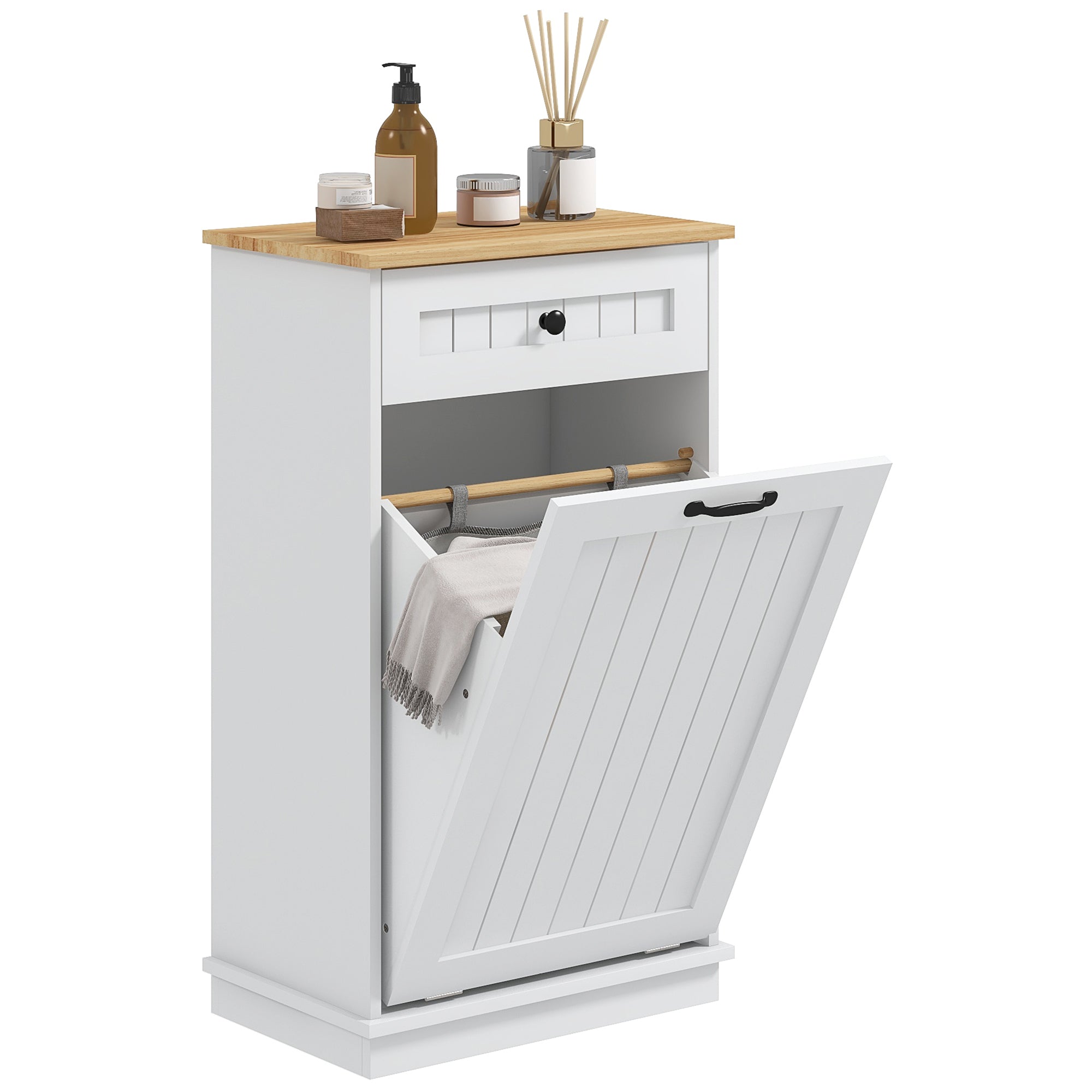 Bathroom Storage Cabinet Laundry Basket Bathroom Cabinet with Drawer and Anti-tip Design Modern Bathroom Furniture 52x33x90 cm White