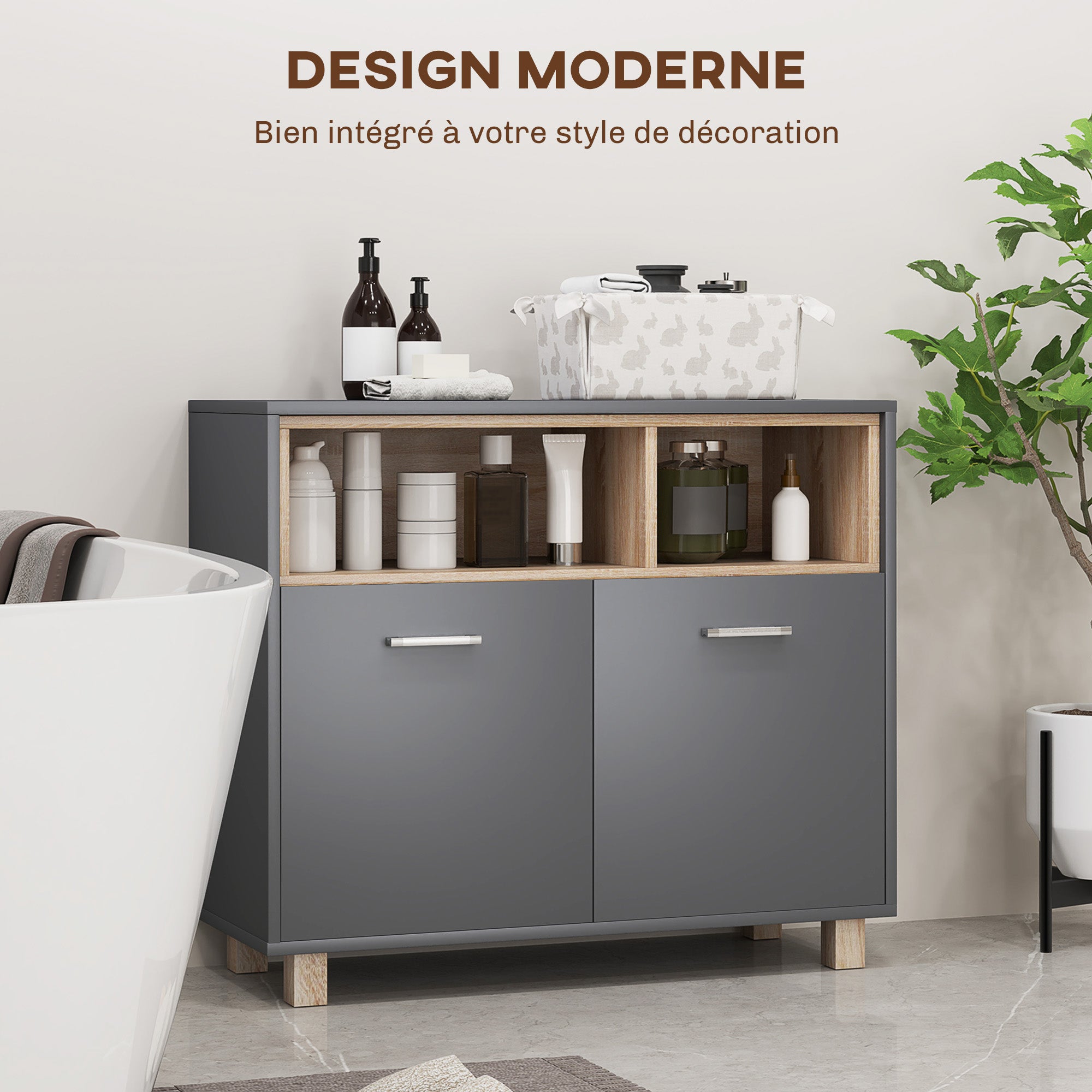 Bathroom Storage Cabinet, modern style storage unit with open compartments and double doors, cabinet for bathroom, living room, kitchen - 80W x 35D x 70H cm, gray